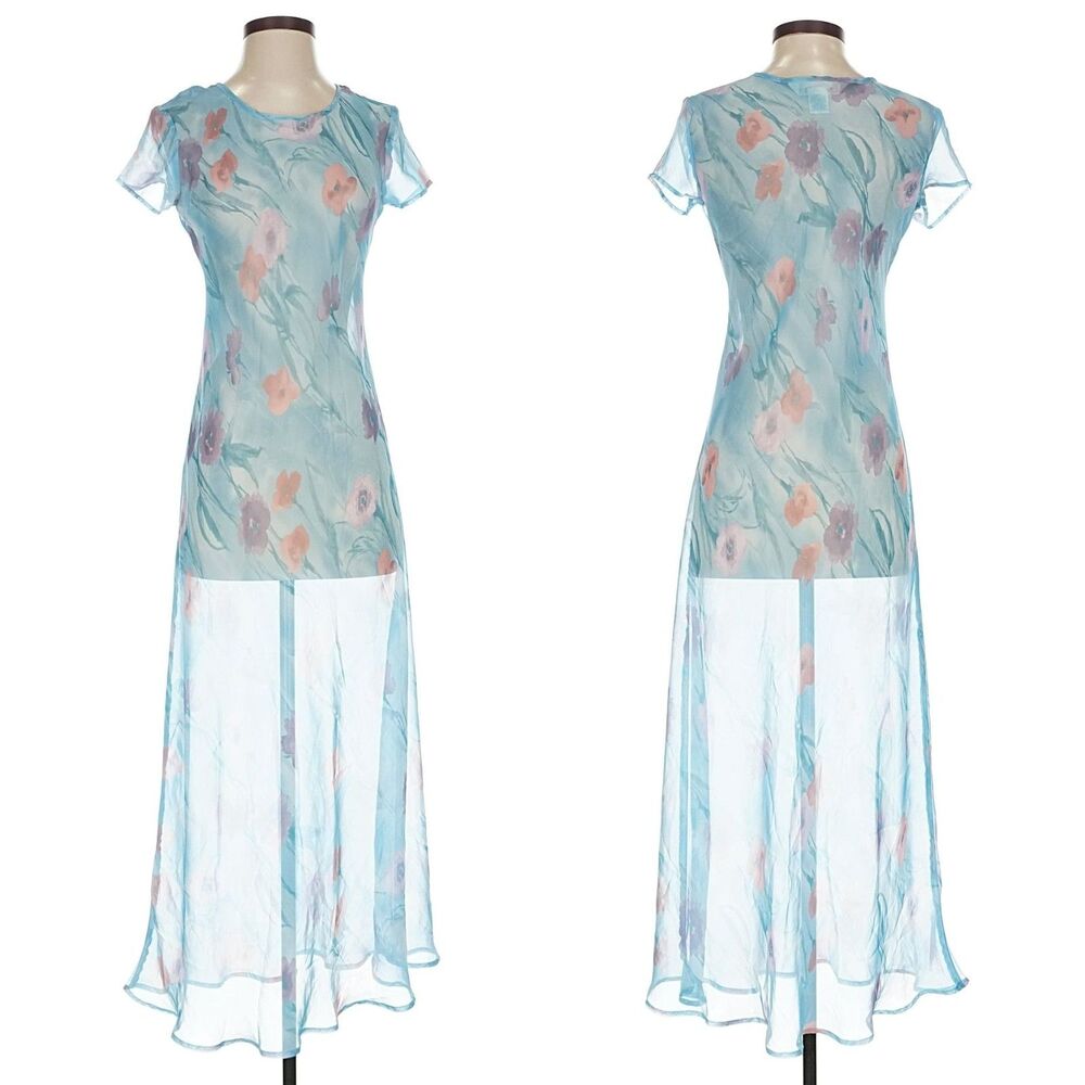 Vintage Y2K Express Blue Maxi Dress Semi Sheer Overlay Floral Fairycore Size 3-4